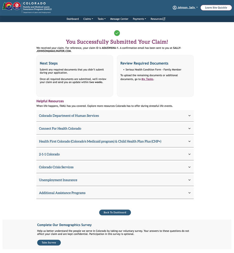 My FAMLI+ You Successfully Submitted Your Claim screenshot