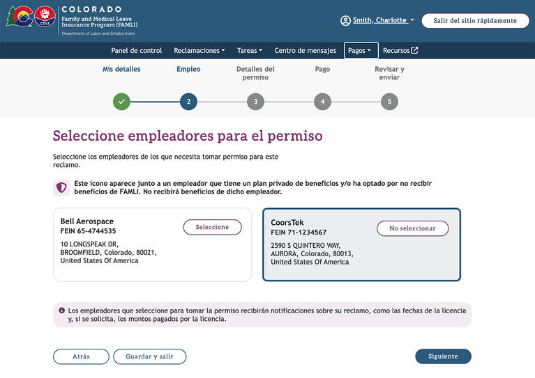 My FAMLI+ Seleccione empleadores para el permiso screenshot