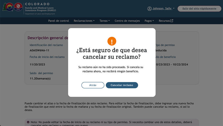 My FAMLI+ Está seguro de que desea cancelar su reclamo screenshot