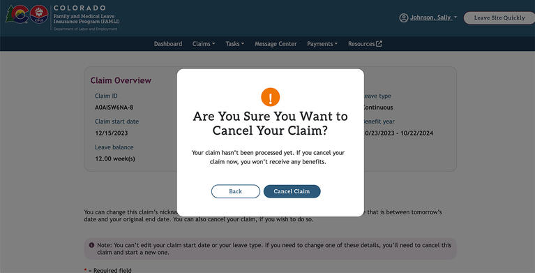 My FAMLI+ Are you sure you want to cancel your claim screenshot