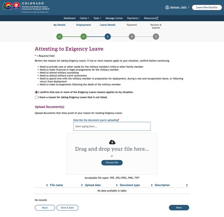 My FAMLI+ Attesting to Exigency Leave screenshot