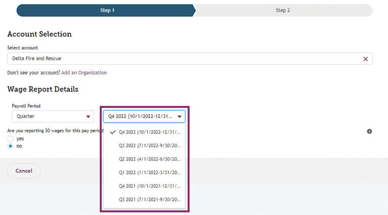 My FAMLI+ Employer Manual Wage Reporting Account Selection Details