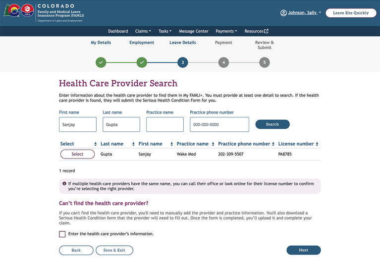 My FAMLI+ Health Care Provider Search screenshot