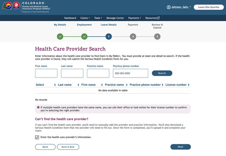 My FAMLI+ Health Care Provider Search screenshot