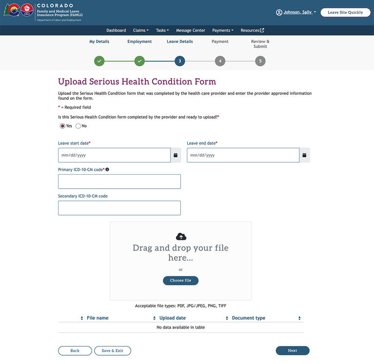 My FAMLI+ Upload Serious Health Condition Form screenshot