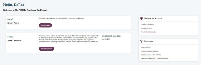 My FAMLI+ Employer Pay Private Plan Application Fee Dashboard