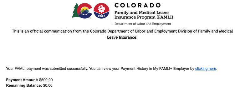 My FAMLI+ Employer Pay Private Plan Application Fee Confirmation Email