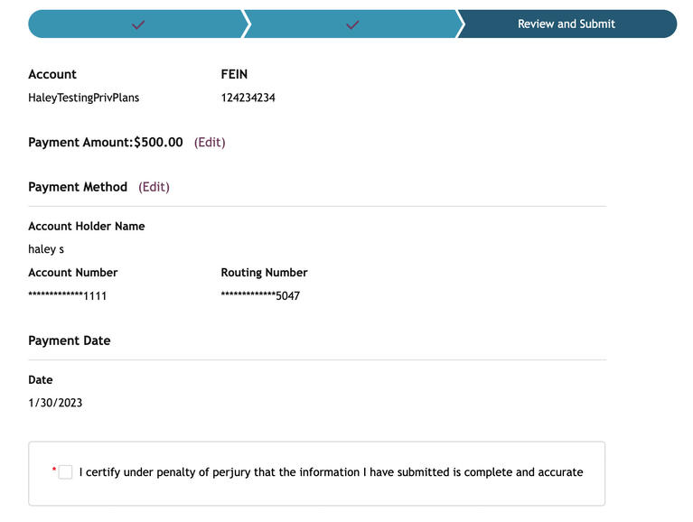 My FAMLI+ Employer Pay Private Plan Application Fee Review Submit Step