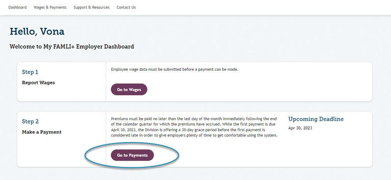 My FAMLI+ Employer Payments Dashboard Go To Payments