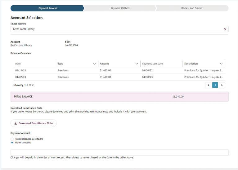 My FAMLI+ Employer Payments Dashboard Payment Selection