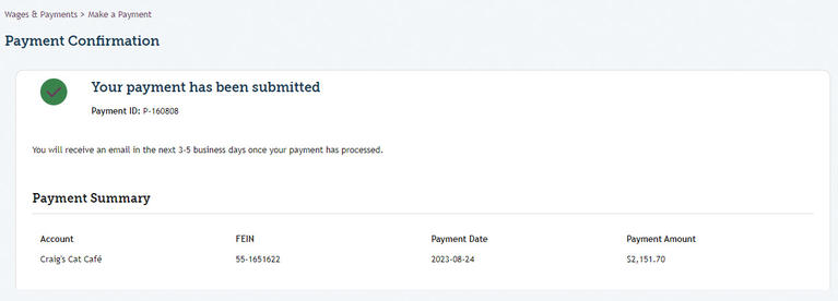 My FAMLI+ Employer Payments Dashboard Payment Confirmation