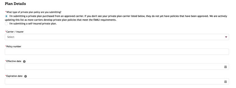 My FAMLI+ Employer Carrier-Insured Plan Details Question Form Fields