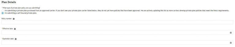 My FAMLI+ Employer Self-Insured Private Plan Details Form Fields