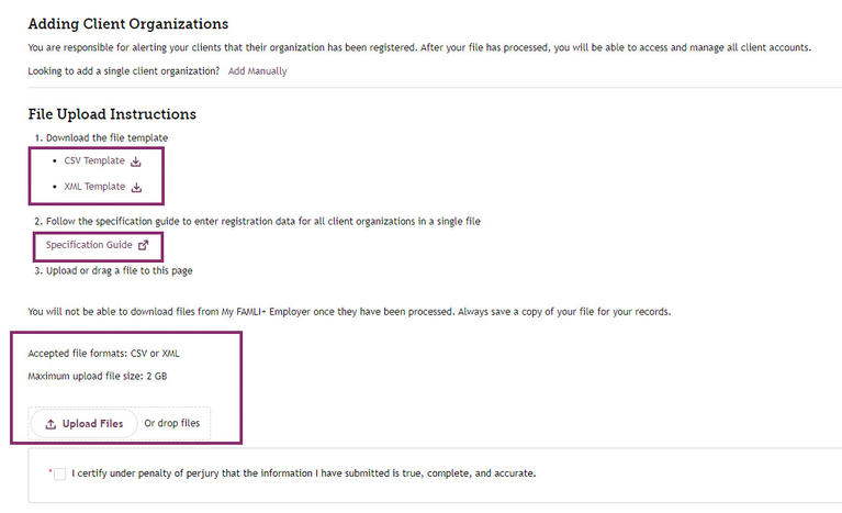 My FAMLI+ Employer TPA Bulk Registration Adding Client Organizations