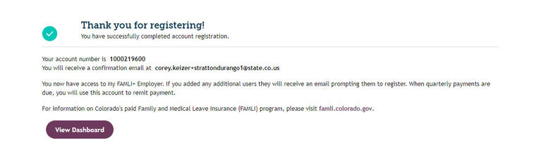 My FAMLI+ Employer TPA Client Registration Confirmation Screen