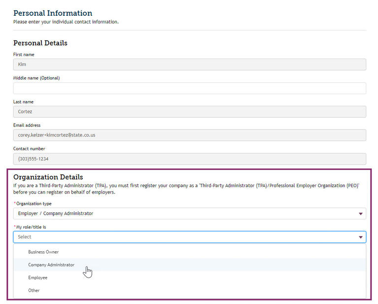 My FAMLI+ Employer TPA Client Registration Organization Details