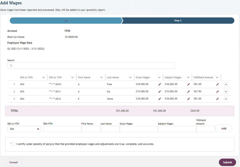 My FAMLI+ Employer TPA Viewing Wage Reports Add Wages