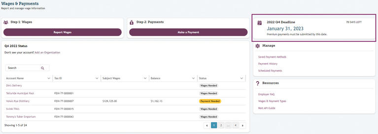 My FAMLI+ Employer TPA Viewing Wage Reports Wages and Payments Screen