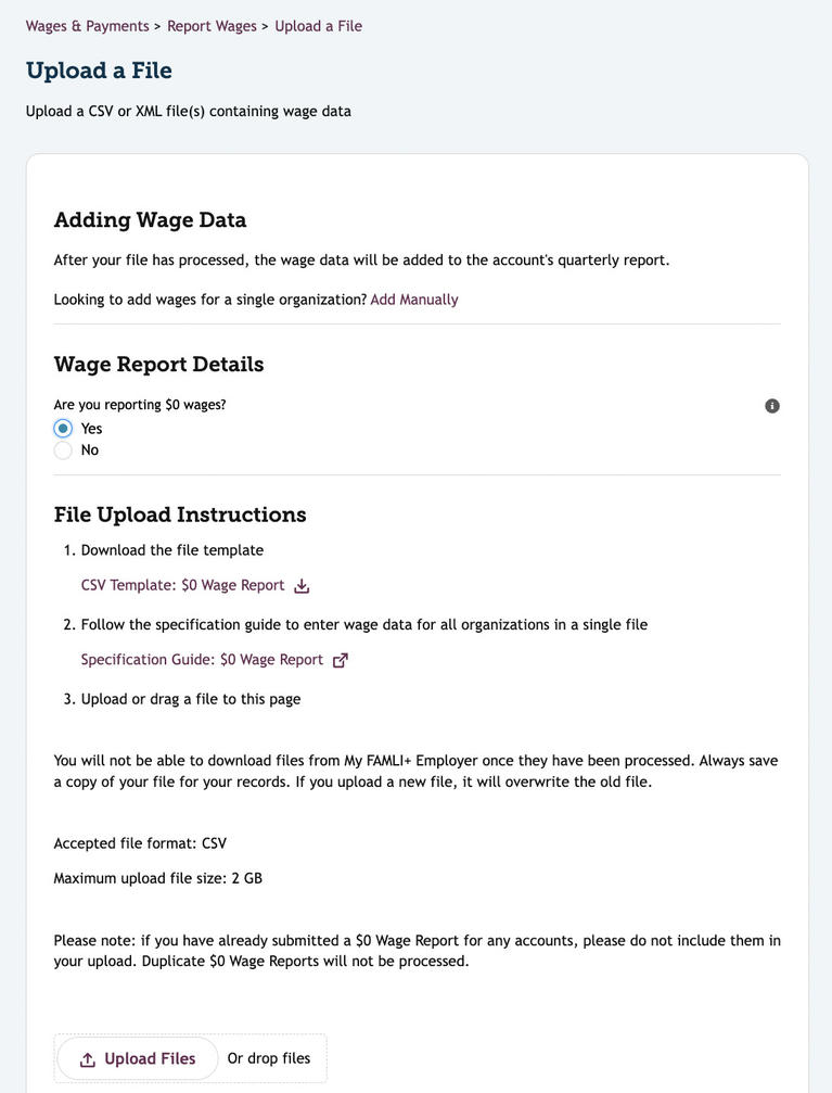 My FAMLI+ Employer Uploading Wage Reports Upload File