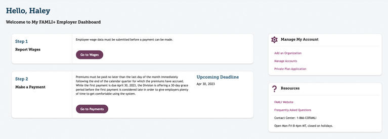 My FAMLI+ Employer Dashboard Full Screen